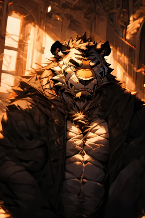 Sad tiger outside the window，The setting sun shines on his back，confused eyes，messy hair，As if blaming himself，There are tears in my eyes，Expose your hands on your chest，Slightly decadent，alone