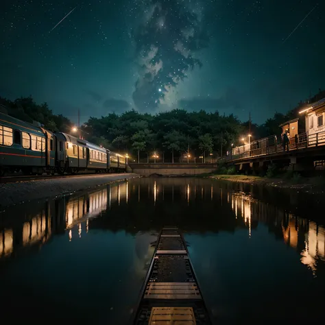 masterpiece, Anime train passing through a body of water on the tracks, Bright starry sky. Romantic Train, Makoto Shinkai photo, pixiv, concept art, Lofiato style, reflection. by makoto shinkai, Lofiato, beautiful anime scene, anime scenery, Detailed Lands...