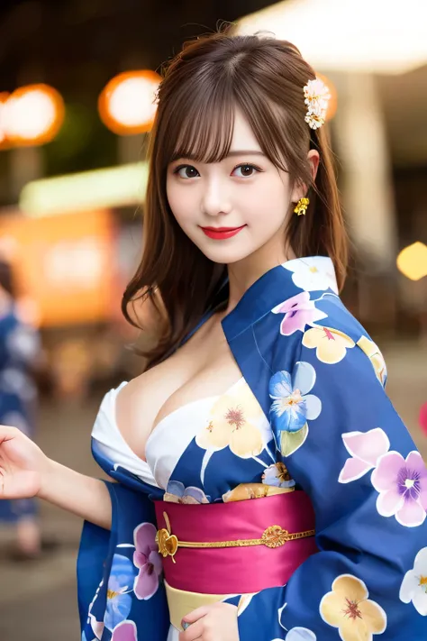 perfect lighting, high quality, table top, portrait, 1 girl, japanese girl, blue yukata, big breasts, cleavage, brown eyes, light brown hair, light smile, Break Festival, Floral, In general, lanthanum, red lips,short hair, long sleeve, dynamic pose, motion...