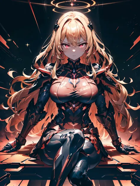 (armed curvaceous and strong muscular warlord woman), (evil look), ((voluminous wavy blonde hair)), glowing red eyes, ((on her c...