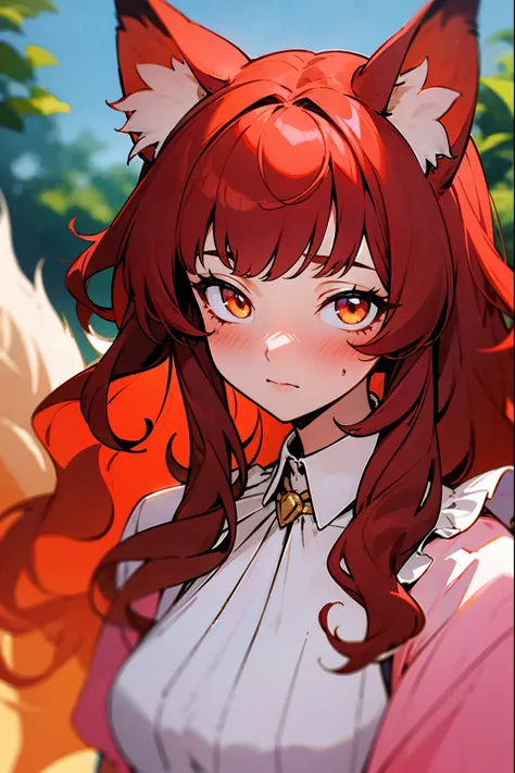 (masterpiece), best quality, portrait, vibrant colors, expressive eyes, perfect face, 1woman, (animal ears), (fox ears), (hidden ears), (red hair:1.2), {hair bangs}, {wavy hair}, crimson eyes, (wearing a sundress), frills, shy, blushing, beautiful garden b...