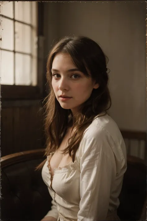 An imaginary scene of a girl with brown hair from the wild west in the style of lawrence alma-tadema painting titled spring 1894, saloon girl, hyper detailed, beautiful, muted sepia-toned soft lush colors