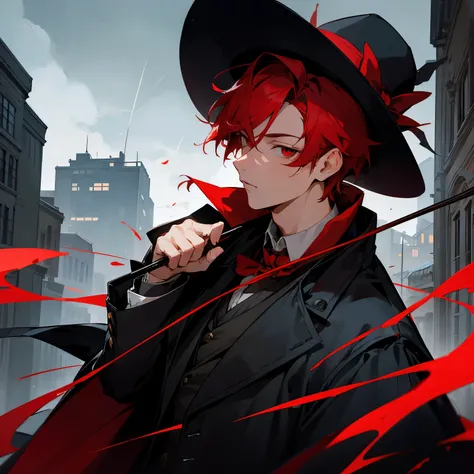 1boy, detailed face, detailed eyes, red hair, red eyes, coat, hat, holding cane, victorian clothes, outdoors, night, city