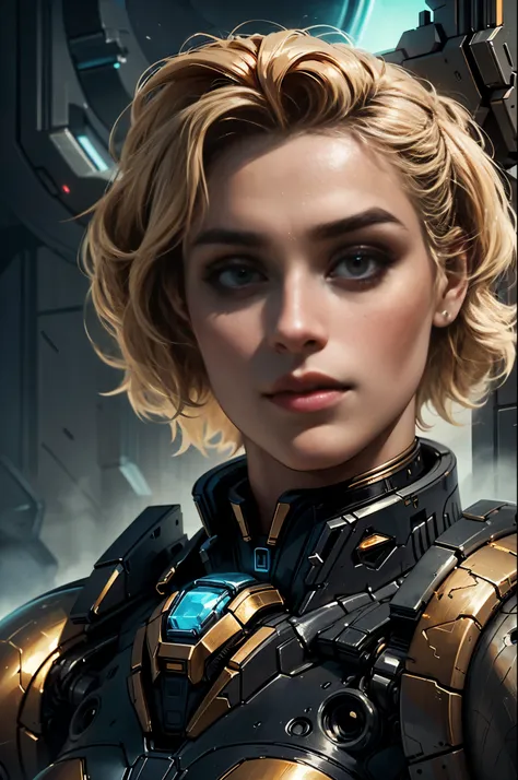 scifi fantasy illustration midshot Stefania Ferrario as a beautiful robot, in the style of realistic hyper-detailed portraits, dark white and orange, classicist portraiture, dark gold and aquamarine, realist detail, hard edge, technological marvels --ar 68...