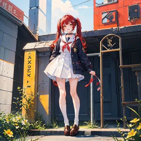 1girl, , 14 teen years old, pigtails, straight bangs, red hair, yellow eyes, childish body, cute, kawaii, make up face, . Happy face. She is wearing spring school uniform. Full body image. She is walking in the school garden. 