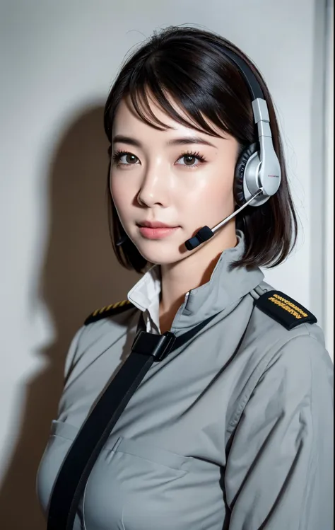 best image quality, excellent details, ultra high resolution, (realism: 1.4), ((whole body:0.5)), best illustrations, Favor details, A condensed woman as an air traffic officer, With beautiful skin and delicate face, (officer&#39;s wear, Wear a high-tech h...