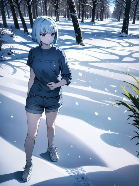 outdoors, snow forest, full_body, blue palete, absurdres, high quality, highres BREAK 1girl, solo, super pale skin, life-size-body, young, thin, skinny, light blue hair, bangs, bobcut, detailed face BREAK plain white t-shirt, blue denim short, all-white sh...