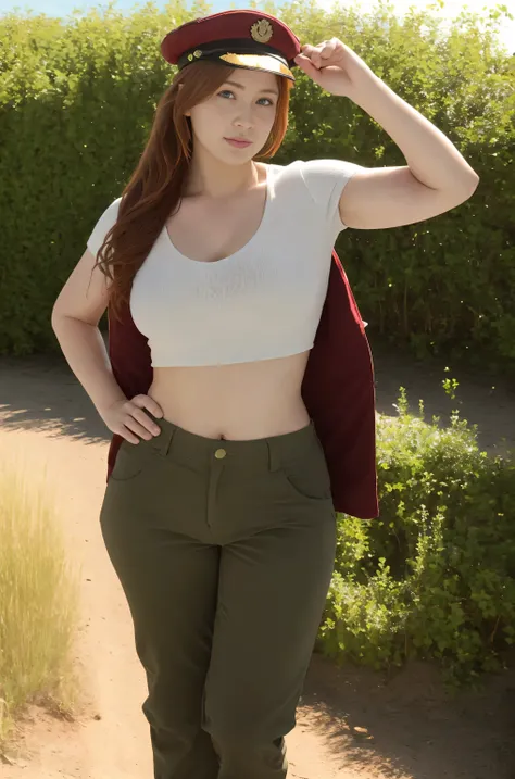 Claire Redfield from Resident Evil, posing seductively to viewer, solo:1, pov, beautiful thick thighs, realistic hands, standing
Sunny beachbackground, long auburn hair, 3/4 body, Army uniform with hat, long BDU Pants, military uniform