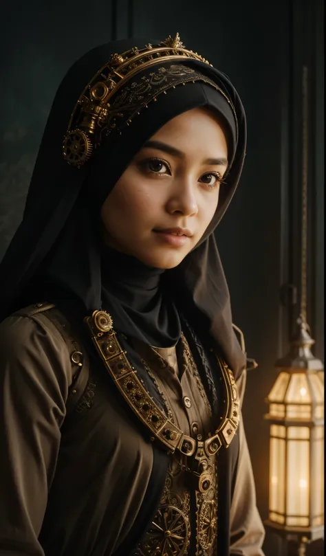 Craft a photorealistic scene of a Malay girl in hijab as an intrepid explorer in a steampunk world. Showcase intricate gears, Victorian-inspired fashion, and a sense of adventure in this alternate reality, 8mm lens, Extreme close-up, pastel color grading, ...