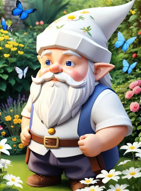 cute gnome with a long white beard, in a beautiful garden with flowers and butterflies