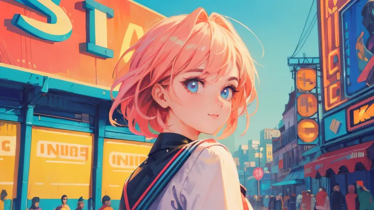 best quality, 4K wallpaper, masterpiece, extremely detailed CG unity 8k wallpaper, extremely detailed eyes, ultra-detailed, intricate details, close up 1 happy girl in center, retro art style, neon_pop art style, public, outdoors, road sign, city, people