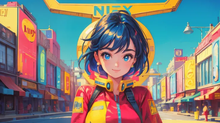 best quality, 4K wallpaper, masterpiece, extremely detailed CG unity 8k wallpaper, extremely detailed eyes, ultra-detailed, intricate details, close up 1 happy girl in center, retro art style, neon_pop art style, public, outdoors, road sign, city, people