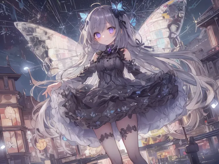 confused, High resolution, (An illustration: 1.3)、 ((pieces fly)), anime、((highest quality)), (Super detailed), (beautiful), ((A girl enjoying the 1 million LED illuminations at night:1.6)), alone,(12 years old:1.6)、cute face、Full body Esbian、white and cle...