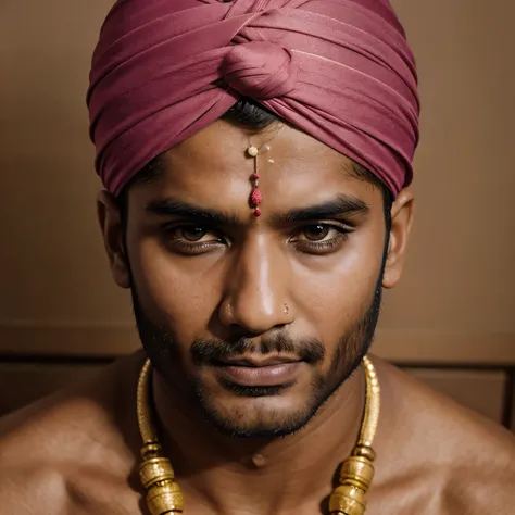 handsome indian man, turban, shirtless, provocative expression, high definition