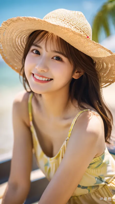 best quality ,masterpiece,ultra high res, very beautiful, kawaii, (photo realistic:1.4), 1girl, Japanese, brown hair, Cinematic, 35mm lens, f/ 1. 8, accent lighting, 8k, sundress, straw hat, Beach Resort, smile, from below, clear sky