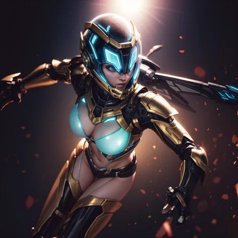 a woman is an advanced bee-like armor, flying near a futuristic beehive, femme fatale, volumetric lighting, (transparent armor:1.3), breasts, nipples, pubic hair