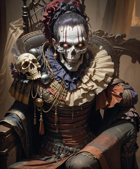 arafed clown sitting on a chair with a skull in his hand, stefan gesell, michael hussar, portrait death clown, grotesque joker, horror fantasy art, craig mullins greg rutkowski, pino daeni and dan mumford, by Aleksi Briclot, portrait of a joker, by Ryan Ba...