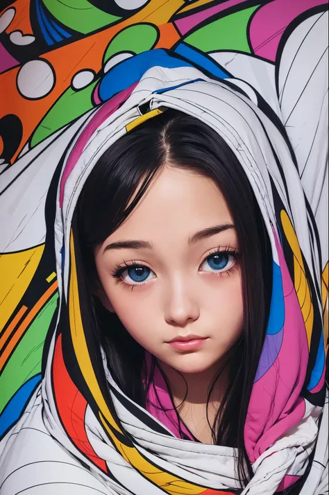 closeup professional photograph of a young woman wrapped in a colorful warm quilt, cel shading, bold outlines, flat colors, sharp shadows, graphic style, (manga influence:1.3), clean linework, striking visuals,comic