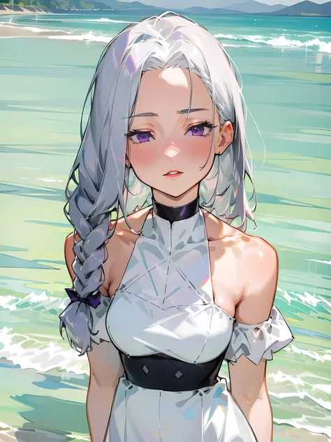 1girl,highres,  high quality,  masterpiece, mxmkWhiteDress,  bare shoulder, purple eyes, white dress, braid, chocker, beach