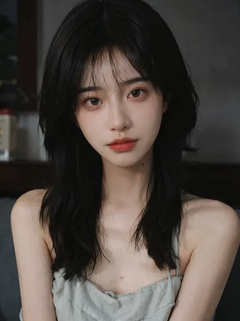 Film portrait photography, 1 girl, bare shoulders, Shoulder length wavy hair, serene, calm, (Realistic and detailed eyes, natural skin texture, Realistic facial details), Soft dramatic lighting, depth of field, Bokeh, Vibrant details, Detailed and detailed...