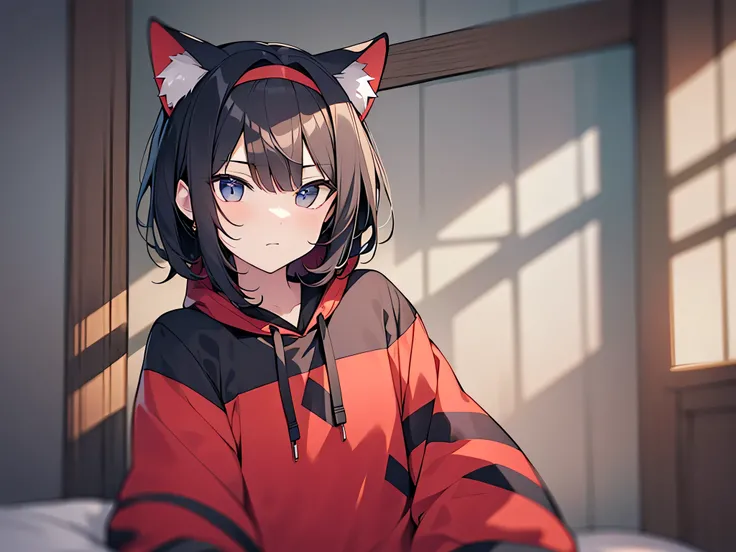 man,25 age,solo,Short black hair 1.5，cat ear hoodie,hoodie,Sitting on the edge of the bed in the room with an angry expression（Indo blackened 1.5）（The background is in the room in the village：1.5），Anime style 4K，Anime rendering，style of anime，8K fineness，（...