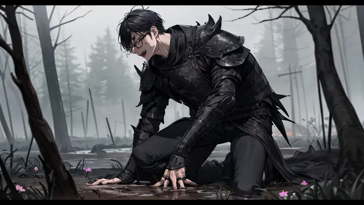 1 guy, black jeans, in black armor, press, Thin, pale, rings on fingers, black nails, Glasses, black hair, sporty, Glass eyes, cinematic lighting, Blur background, Best quality, Brown eyes, Laugh, On the battlefield, swamp, Blood, axe, dead, Weapon, dead t...