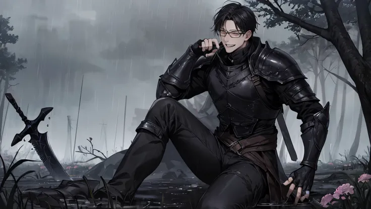 1 guy, black jeans, in black armor, press, Thin, pale, rings on fingers, black nails, Glasses, black hair, sporty, Glass eyes, cinematic lighting, Blur background, Best quality, Brown eyes, Laugh, On the battlefield, swamp, Blood, axe, dead, Weapon, dead t...