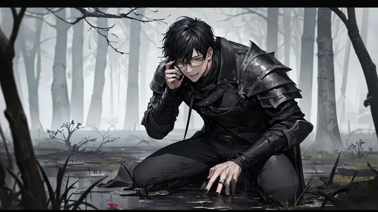 1 guy, black jeans, in black armor, press, Thin, pale, rings on fingers, black nails, Glasses, black hair, sporty, Glass eyes, cinematic lighting, Blur background, Best quality, Brown eyes, Laugh, On the battlefield, swamp, Blood, axe, dead, Weapon, dead t...