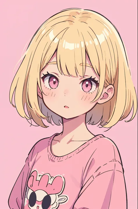 1 girl, blonde, short hair, Upper body, big face, pink clothes, simple background
