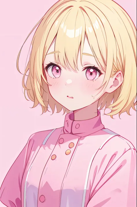 1 girl, blonde, short hair, Upper body, big face, pink clothes, simple background
