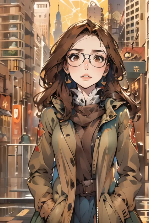 (disorganized, high resolution, super detailed, realistic, ), 1 girl,mature, alone, long brown hair suit,brown eyes,  (glasses)，...