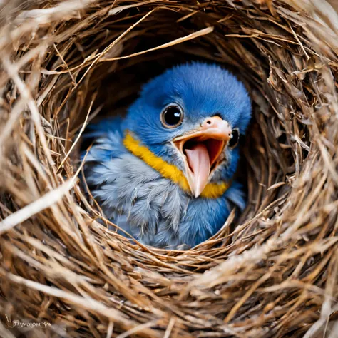 A baby bird pokes its head out of its nest box and begs for food..,Piyopiyo,mother bird is back,Little blue bird:cute,cute,Beautiful feathers:shiny,baby bird wrapped in feathers,Happy sight,adorable,joy