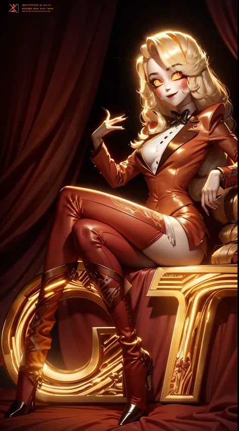 Distorted fantasy letters, (Letters in the background), symmetric, (Gold bars ), diamonds, Charlie Morningstar, long hair, red costume, red pants, 1 girl, yellow sclera, blonde hair, White skin, perfect anatomy, smiling, is sitting, The head is turned towa...
