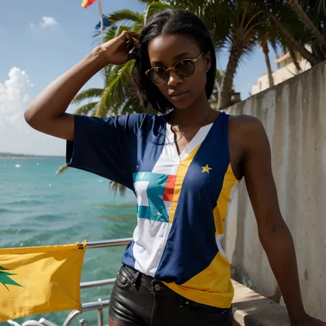 Femme noir, with a Senegal jersey, jean bleue, lunette de soleil , with a little flag in hand 