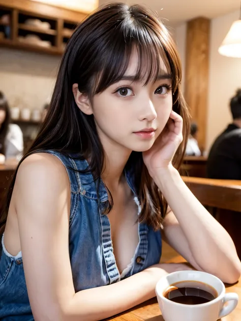 (16K, highres, absurdresmasterpiece, best quality, ultra detailed, exquisite, beautiful), delicate facial features, beautiful japanese idol, late teens, 19year old, woman, in the cafe, coffee cup, looking at viewer, realistic portrait, raw photo, ultra rea...