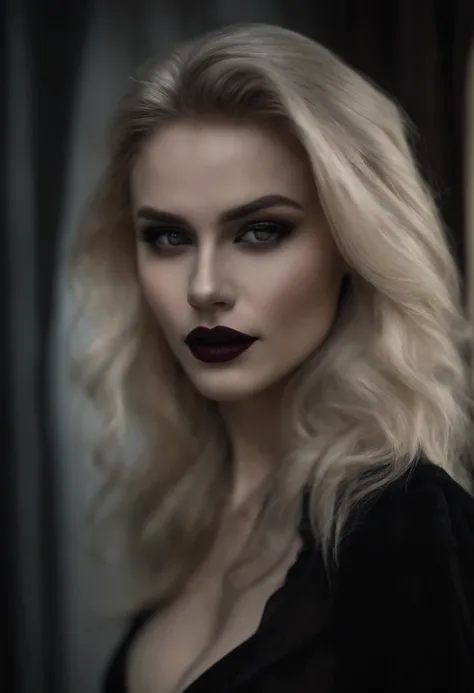 Dark portrait of a blonde vampire, Black suit, hair up, pomade, Perfect pale skin, detailed dark ink, Beautiful, Beautiful большая грудь, smiling, Visible fangs, она забрызгана Bloodю, Skinny jeans accentuate her Beautiful body, (sexual) Outside, She seduc...