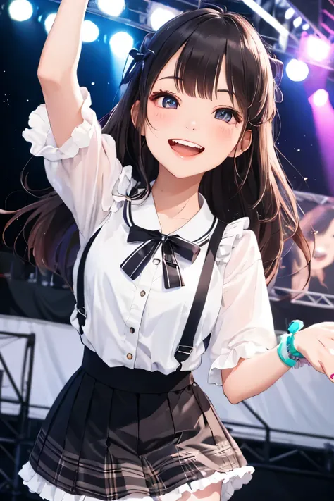 highest quality、High resolution、8K、detailed background、Beautiful teenage girl、cute、cute hairstyle、cute髪の色、cute idolコスチューム、cute idol、laughter、smile、sexual expression、panty shot、Skirt flips up、outdoor stage、dancing、dance