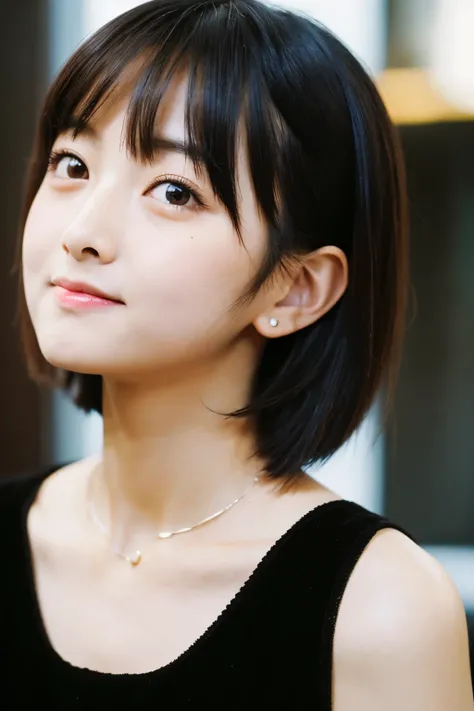 Analog style,RAW,Live action,Medium quality,Cute idol,break,1girl,(Japanese girl:1.1),(Round face:1.3),Nogizaka,Short bob,break,(Black dress),