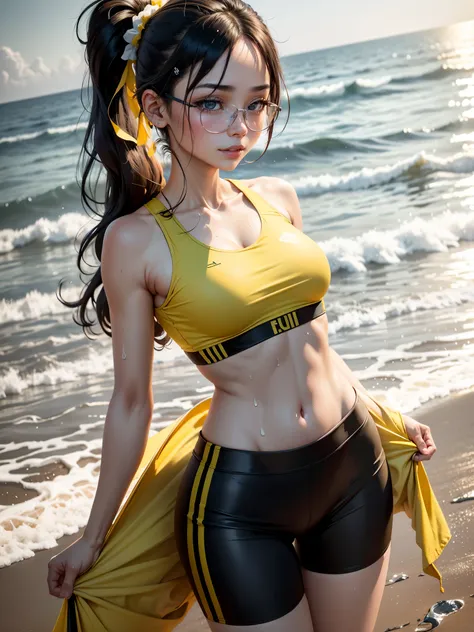 ((มองคนดู)), ((Jogging at the seaside)) 1 beautiful girl, 17 Years Old, high detail face, long hair in a ponytail,,,,, bangs, eyeglasses, Naughty smile, small breast, slim waist, small breast, slim waist, small hips, Small thightss, Unhealthy stomach, thig...