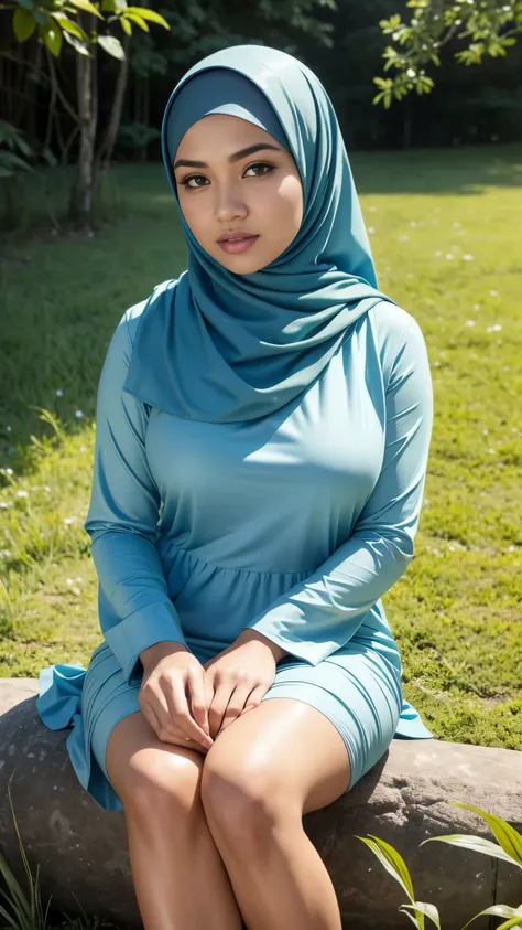 RAW, Best quality, high resolution, masterpiece: 1.3), beautiful Malay woman in hijab,Masterpiece, perfect  fit body, big breast, big gorgeous eyes, Soft smile,thick thighs,beautiful face, glossy lips,watery eyes, women in hijab wear small floral baju kuru...