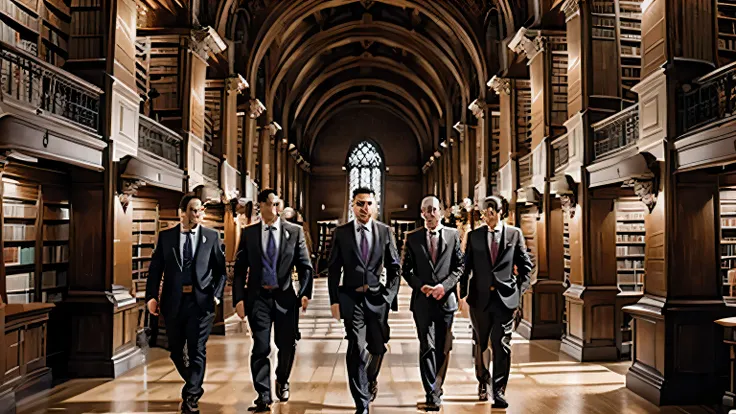 Five men in suits are walking through the library, infinite library, The Eternal Library, Ancient Library, Eternal - Library, Gothic epic library, librarian