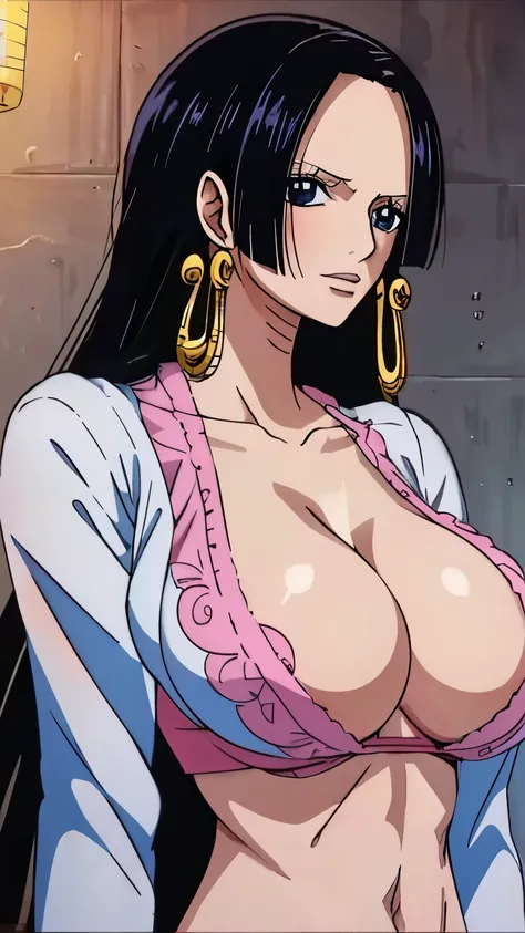 boa hancock from one piece, white and pink maid dress, oversized breasts, cleavage, charm, flirting, looking at the audience, th...