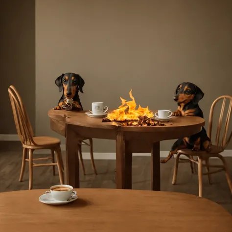 While the room is on fire、Dachshund sitting at the table and drinking coffee, realistic, photorealistic