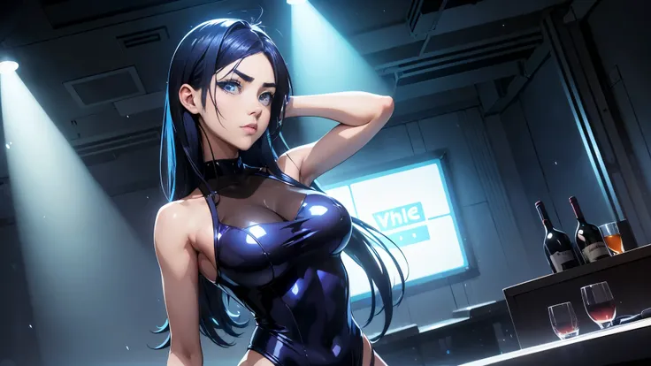 cool synthwave anime girl , dark blue hair , blue eyes , rainy time , underground dance club , whole body shot, big brest, (Perfect thick white eyebrows) Delicate fur, 详细s face, s the perfect face, At a in an dance club , (Drink a glass of wine while stand...