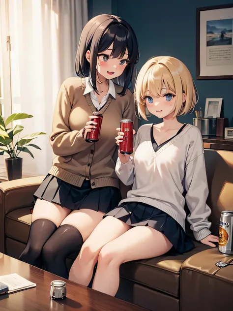 (1) Two women drinking canned beer in a good mood.
(2) One woman is wearing a V-neck knit, tight miniskirt and knee socks.
(3) Another woman is wearing a cardigan, pleated miniskirt and knee socks.
(4) one person has short hair、the other one has long hair....