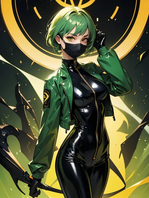 Green hairs, yellow eyes, green jacket,black tight bodysuit, black latex pants, face mask