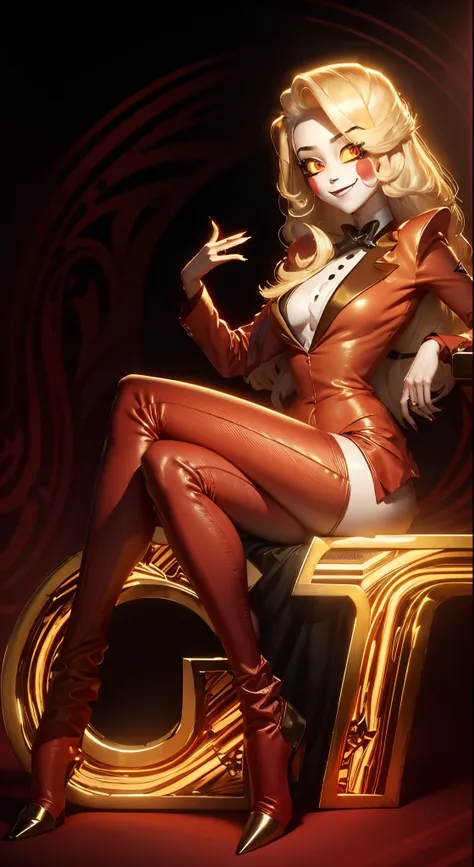 Distorted fantasy letters, (Letters in the background), symmetric, (Gold bars ), diamonds, Charlie Morningstar, long hair, red costume, red pants, 1 girl, yellow sclera, blonde hair, White skin, perfect anatomy, smiling, is sitting, The head is turned towa...