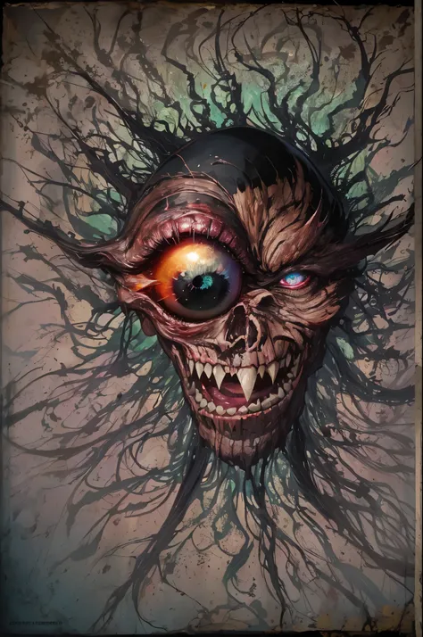 (absurdos, Altas Resoluciones, Ultra detallado, HDR), Obra maestra, La mejor calidad, Un hombre calvo sentado en Demon con un ojo gigante, en mirada arrogante, solamente, hombre rudo, demon eyeball, globo ocular gigante, asqueroso, Ala de demonio negro, cu...