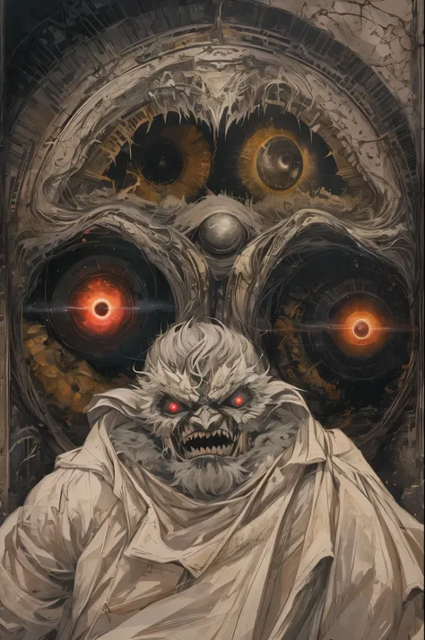 (absurdos, Altas Resoluciones, Ultra detallado, HDR), Obra maestra, La mejor calidad, Un hombre calvo sentado en Demon con un ojo gigante, en mirada arrogante, solamente, hombre rudo, demon eyeball, globo ocular gigante, asqueroso, Ala de demonio negro, cu...