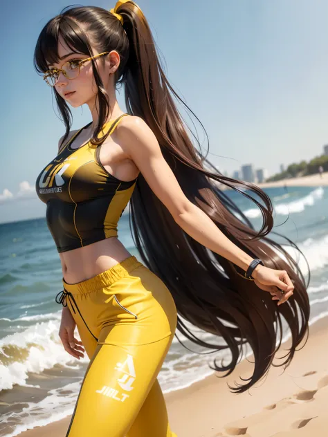 ((front view)), ((full body)), 1 beautiful girl, 17 years old, ((Jogging)) At the beach, (yellow jk sportswear:1.5), Highly detailed face, Long hair in a ponytail, smooth, glasses, Smile mischievously, Thin waist, small breast, sweat, body drenched, ((anim...